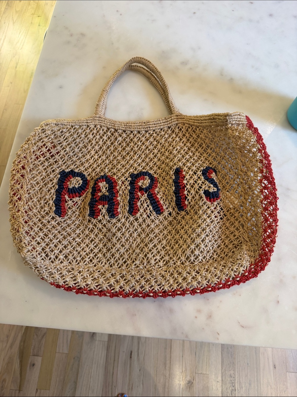 Natural Crochet 'Paris' Tote Bag with Red & Navy Accents